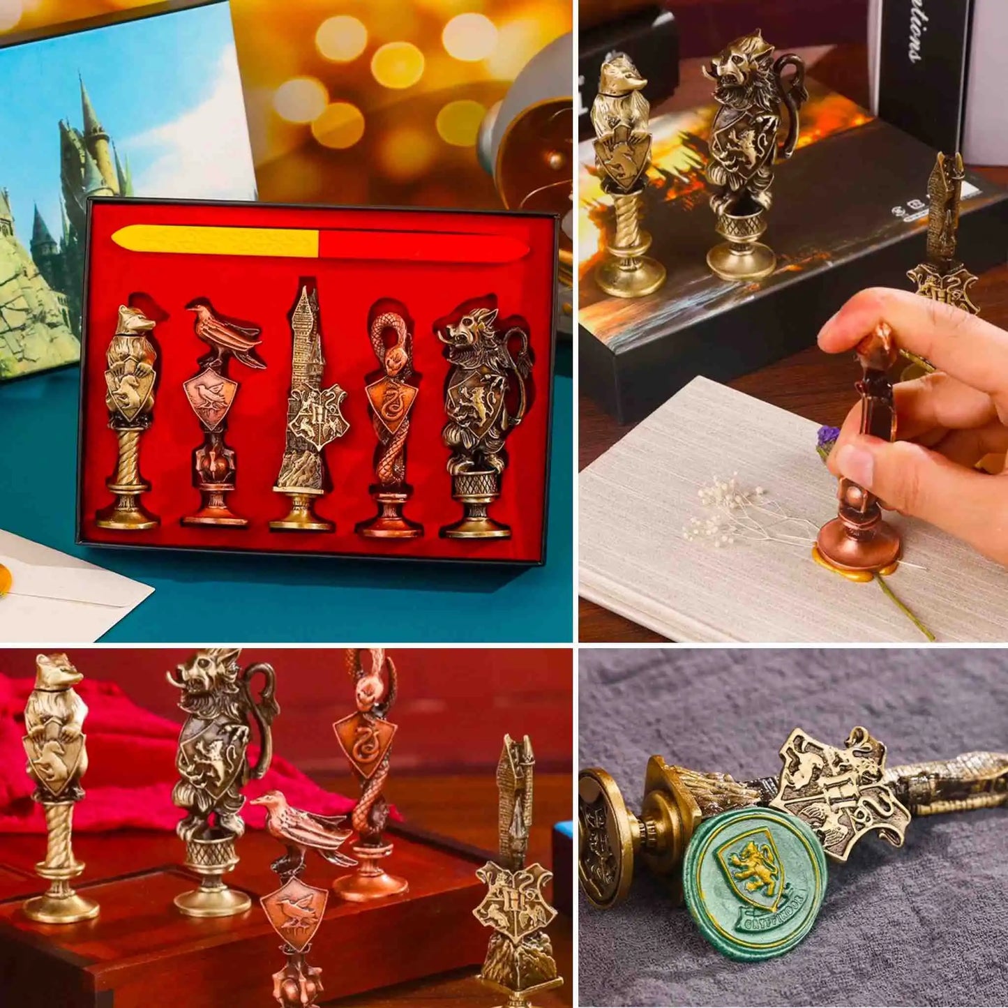 🪄 Set de Sellos de Lacre Harry Potter ✨ Hogwarts Edition – 5 Casas y Varita para Sellar 🦁🐍🦅🦡