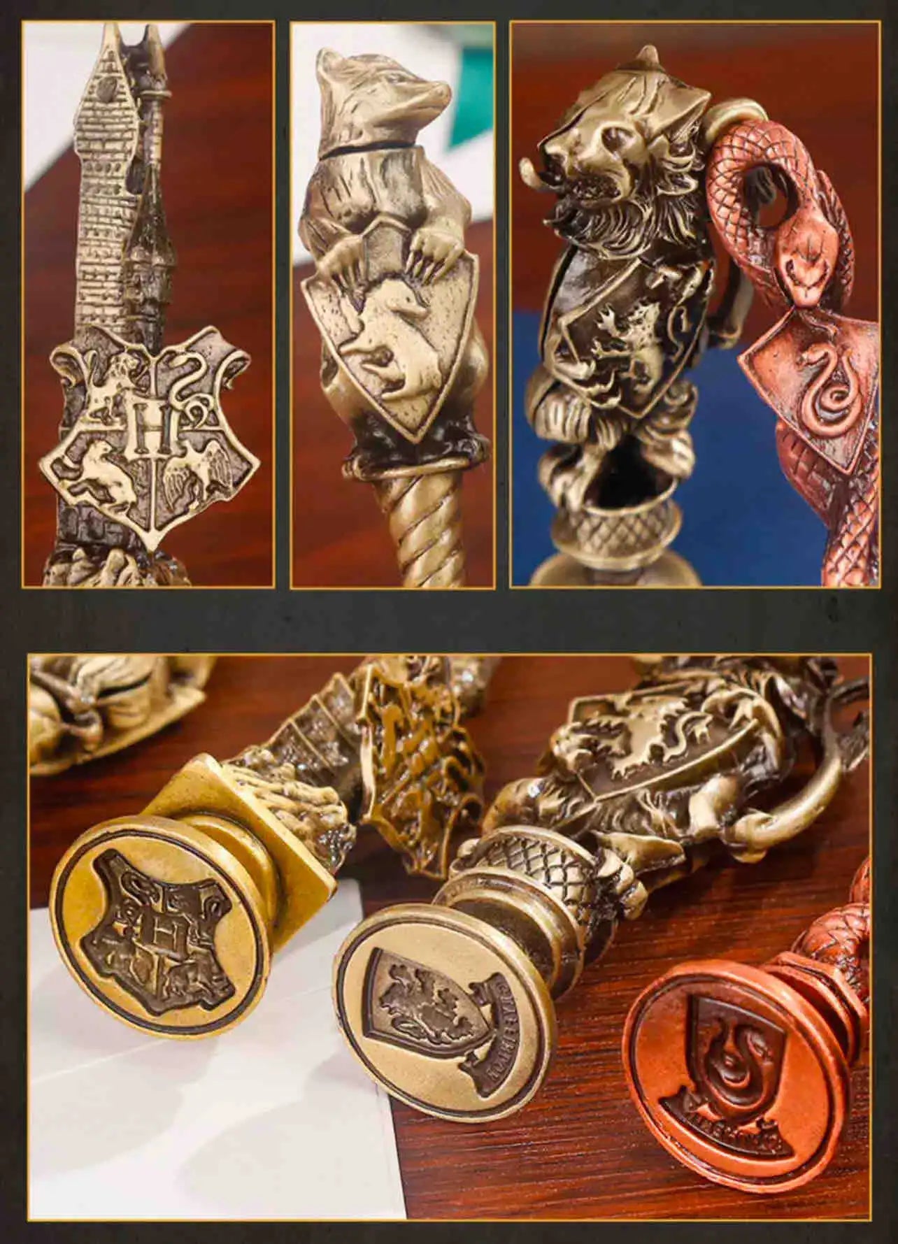 🪄 Set de Sellos de Lacre Harry Potter ✨ Hogwarts Edition – 5 Casas y Varita para Sellar 🦁🐍🦅🦡