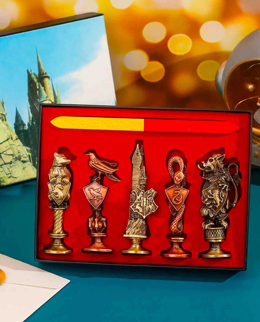 🪄 Set de Sellos de Lacre Harry Potter ✨ Hogwarts Edition – 5 Casas y Varita para Sellar 🦁🐍🦅🦡